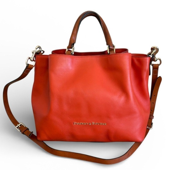 Dooney & Bourke City Barlow Satchel Orange Leather Crossbody Handbag Tan Trim - Picture 2 of 11